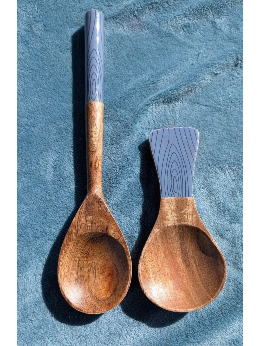 2-Piece Wooden Serving Utensil Set - Spoon & Rice Paddle with Blue Wood Grain